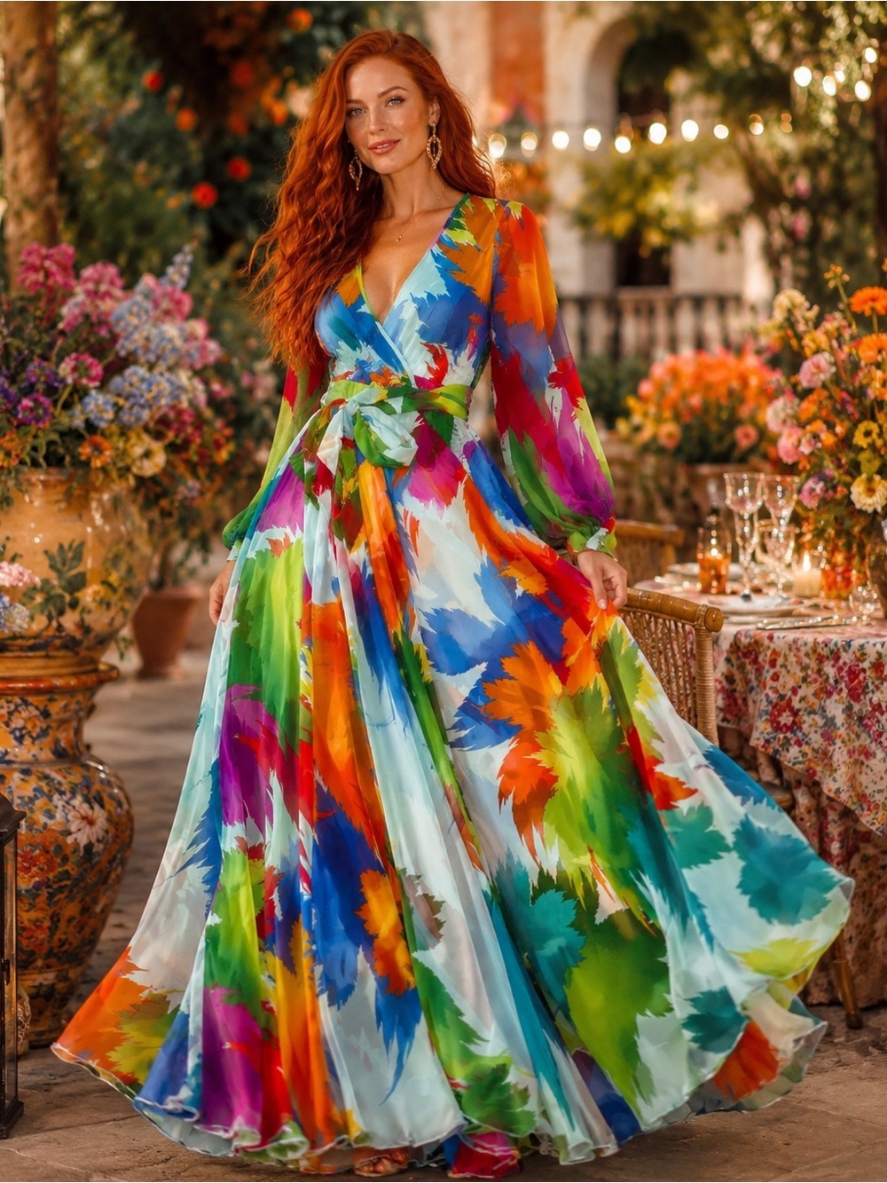 Vintage 1970s/80s Va Va Voom Colorful Sheer Maxi Dress – Size L – Made in USA